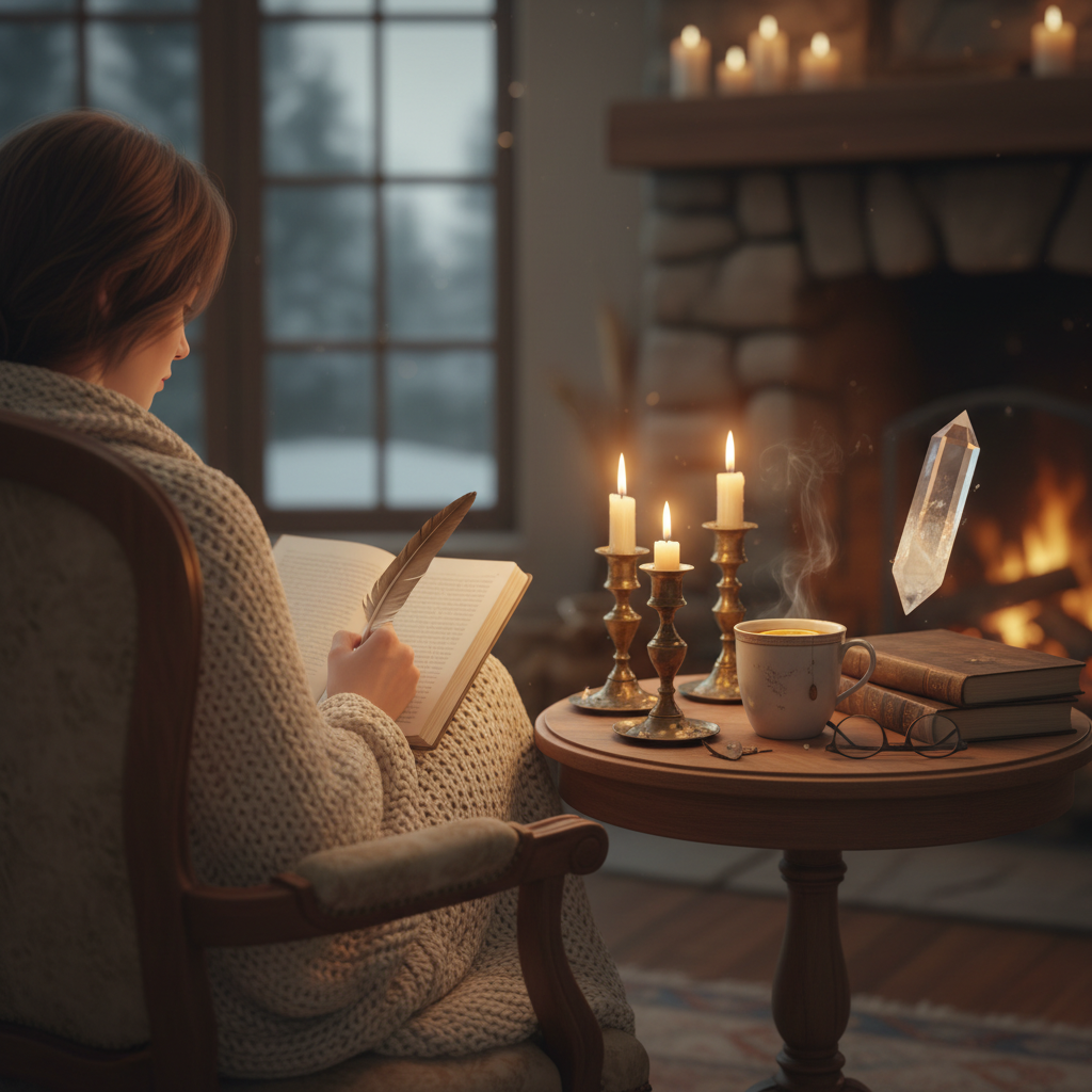 A person journaling by candlelight with a warm blanket, a cup of tea, and a crystal nearby, embodying a cozy and reflective a