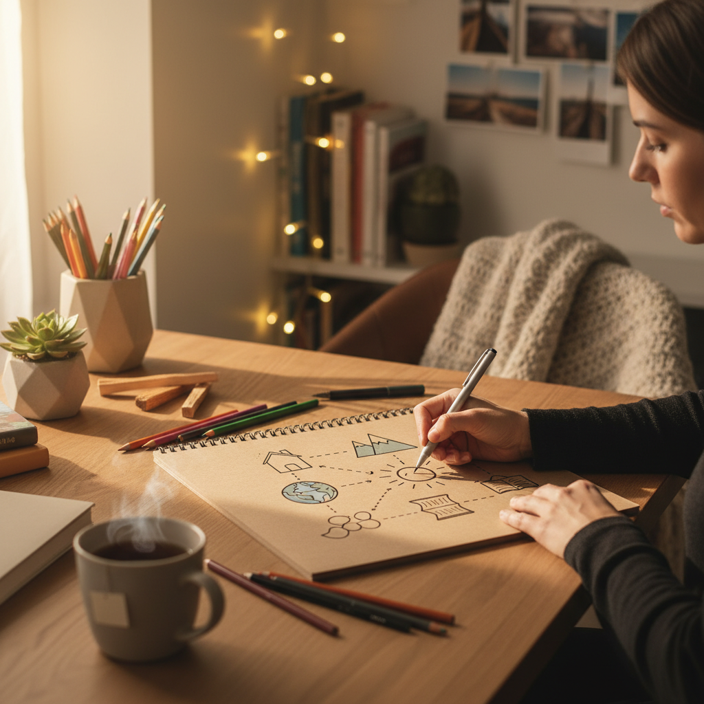 A person sketching out a plan or vision board in a notebook, surrounded by soft lighting and comfort items, showing thoughtfu