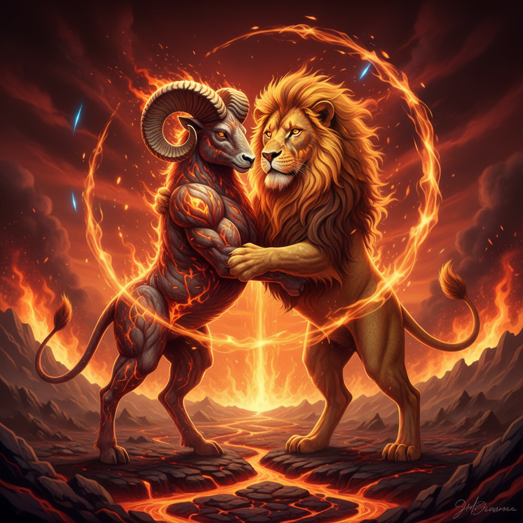 A vibrant, dynamic image of a ram and a lion in a powerful, harmonious embrace, surrounded by fiery elements. High energy, bo