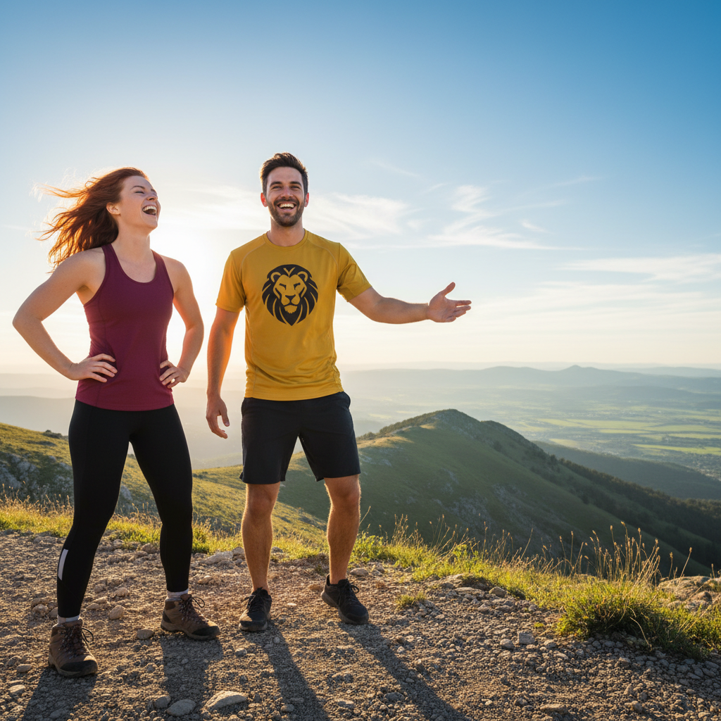 Two friends, one with a bold Aries-like stance, the other with a confident Leo-like gesture, laughing together in an engaging