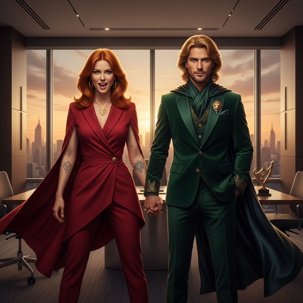 A couple, one embodying Aries energy (active, bold), the other Leo (regal, confident), standing together against a backdrop o