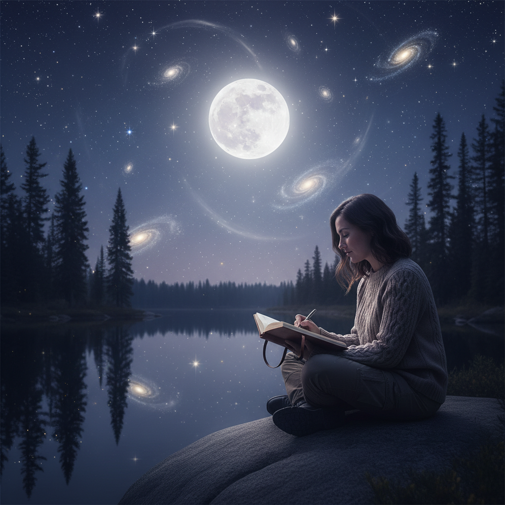 A person calmly writing in a journal under a moonlit sky, with subtle cosmic elements.