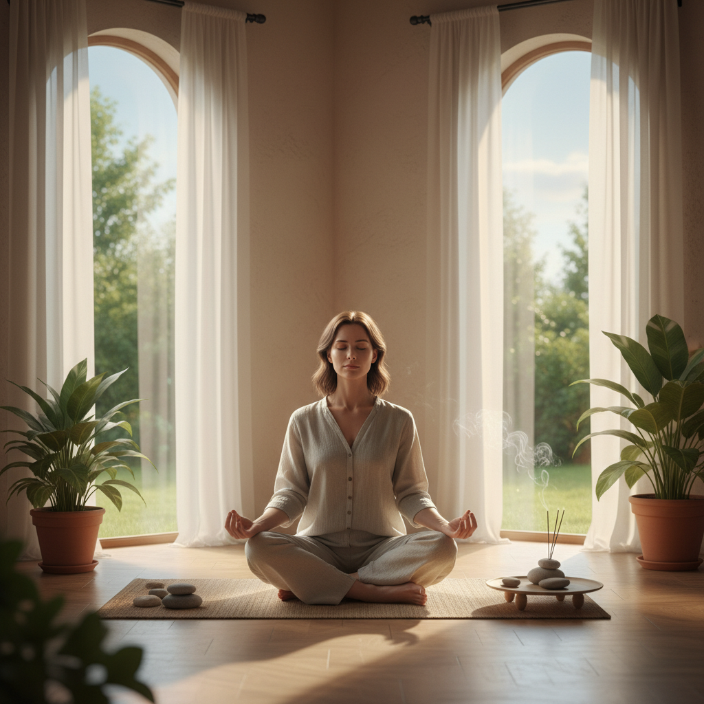 A person in a serene pose, perhaps meditating or performing a gentle yoga stretch, with soft, ambient lighting.
