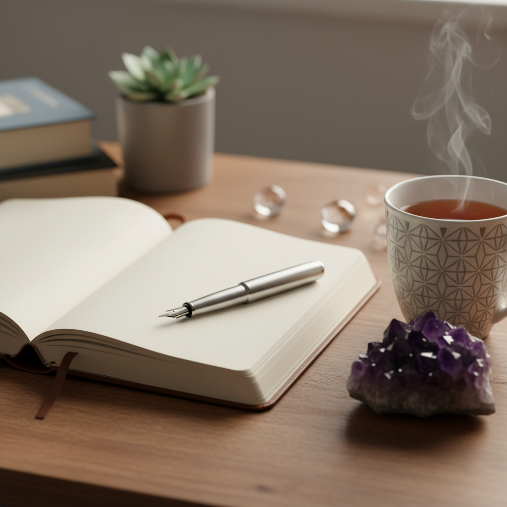 A neatly organized desk with an open journal, a pen, a cup of tea, and a subtle crystal (e.g., Amethyst or Clear Quartz), ill