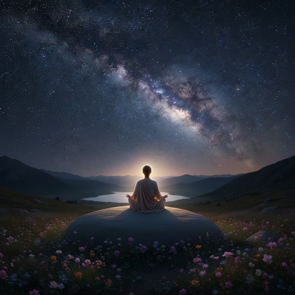 A person meditating under a starry sky, with a subtle aura of light, symbolizing spiritual awakening and inner peace.