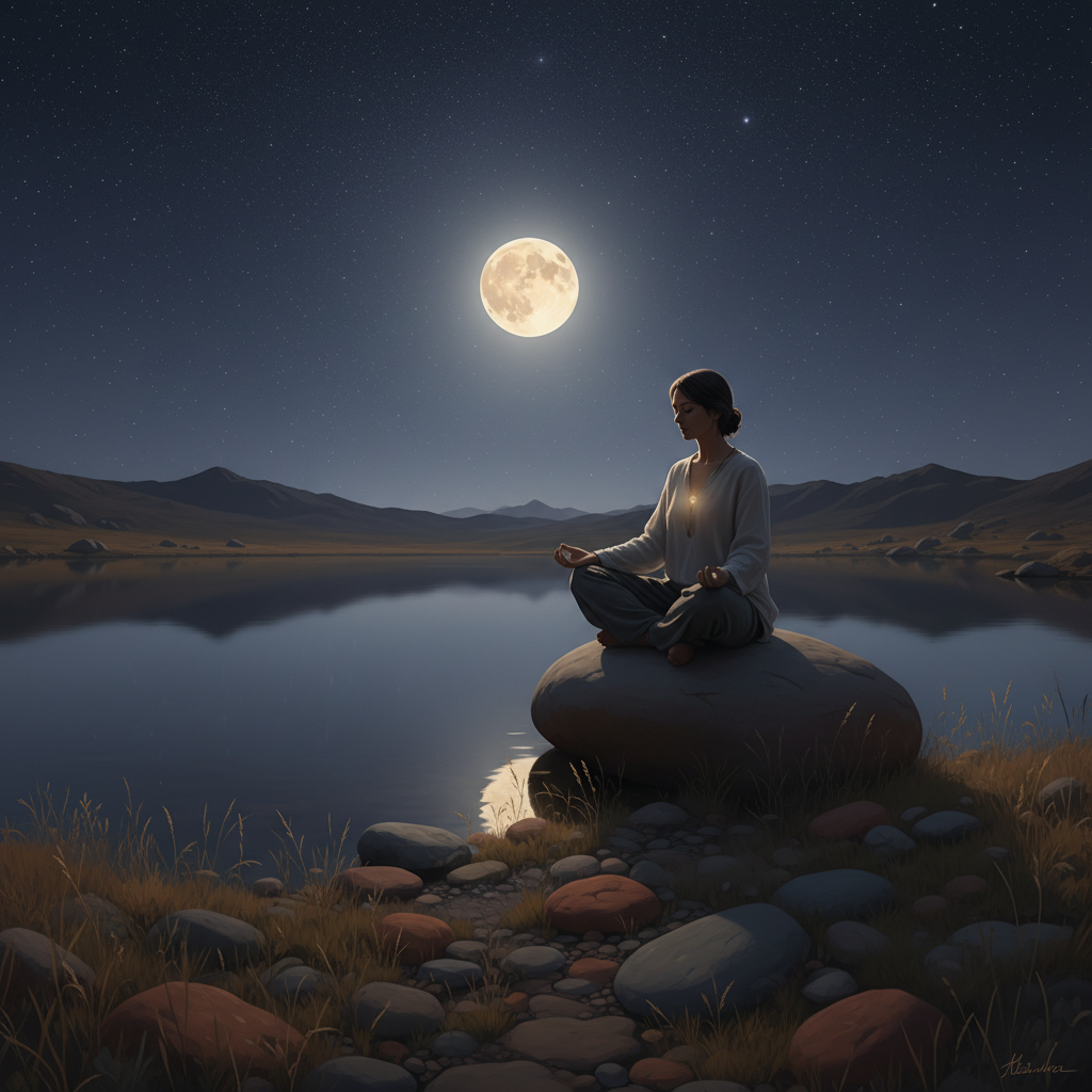 A person meditating under a night sky with visible stars and a full moon, symbolizing deep introspection and connection to co