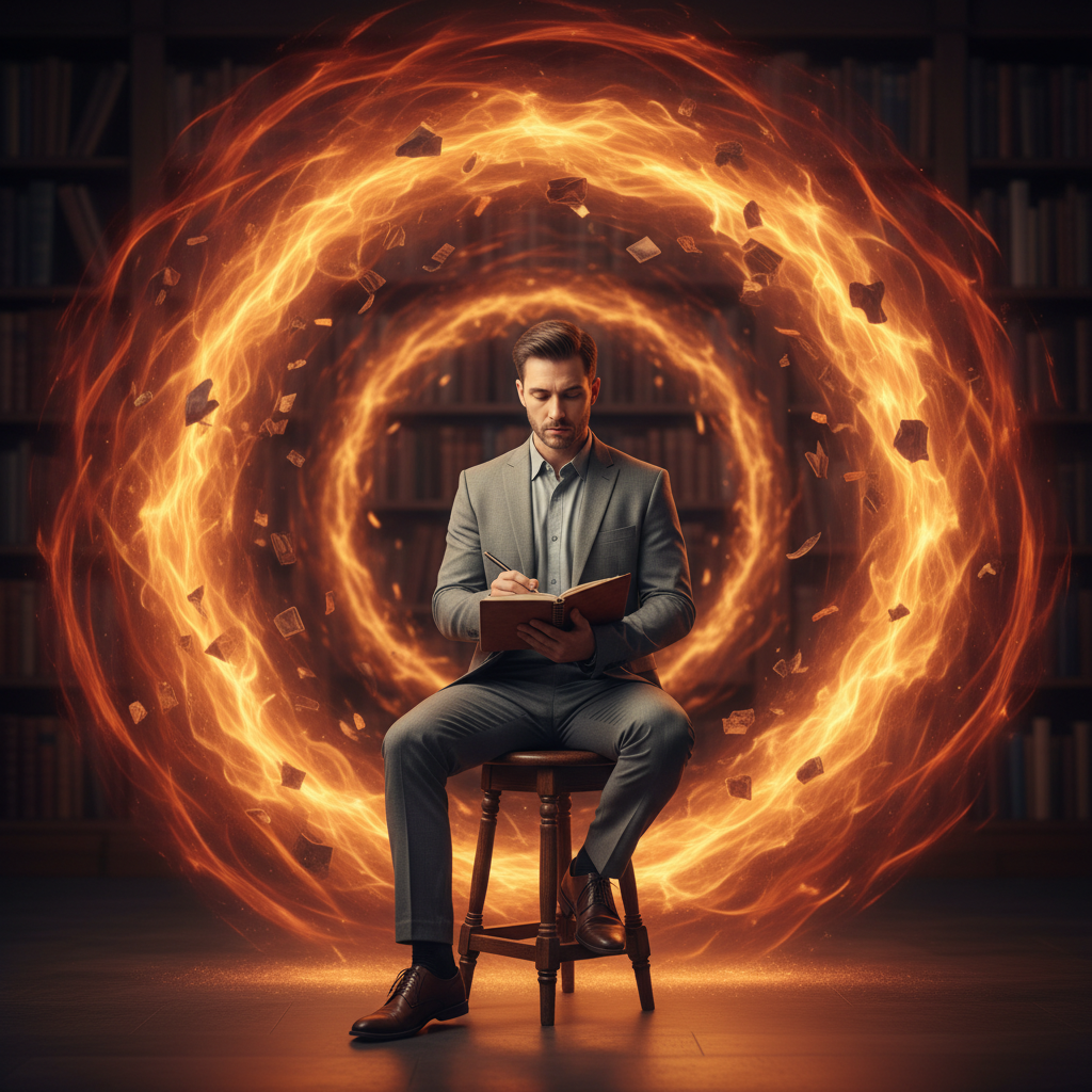 A person sitting calmly amidst a whirlwind of fiery, swirling energy, symbolizing the focused reflection during Aries Mercury