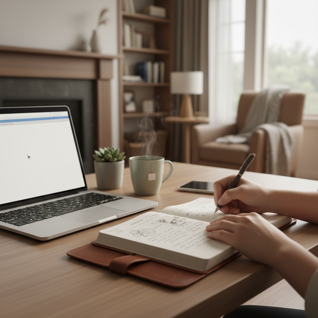 A person writing in a journal with an open laptop nearby, symbolizing thoughtful communication and planning, in a cozy, focus