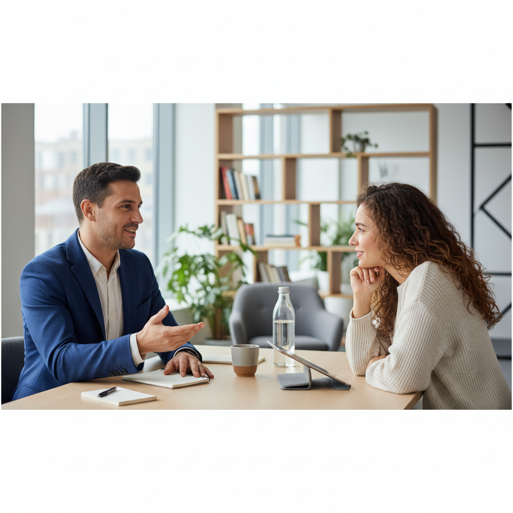 Two people engaged in a thoughtful, active conversation, one gesturing assertively but with a smile, in a sunlit, modern spac