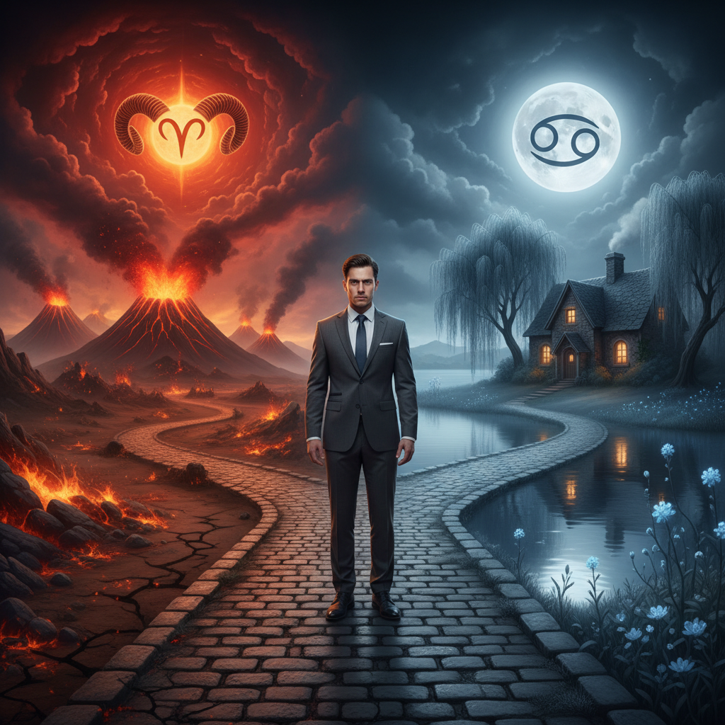 A person standing confidently at a crossroads, one path leading towards a vibrant, fiery landscape (Aries) and the other to a