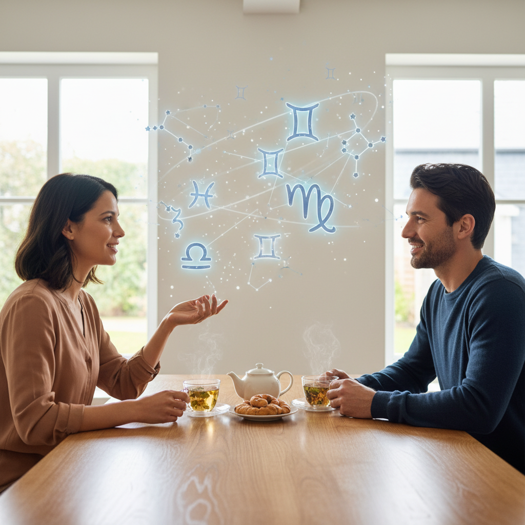 Two people engaged in a mindful conversation, perhaps over tea, with subtle astrological symbols in the air, illustrating cle