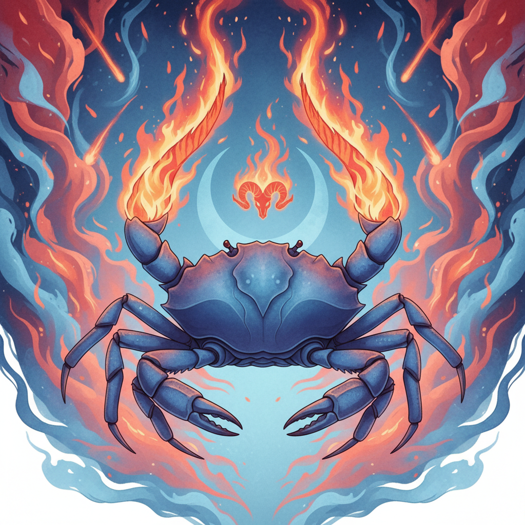 A stylized illustration of a crab with fiery horns, symbolizing the Cancer Moon and Aries energy. Soft blues and reds blendin