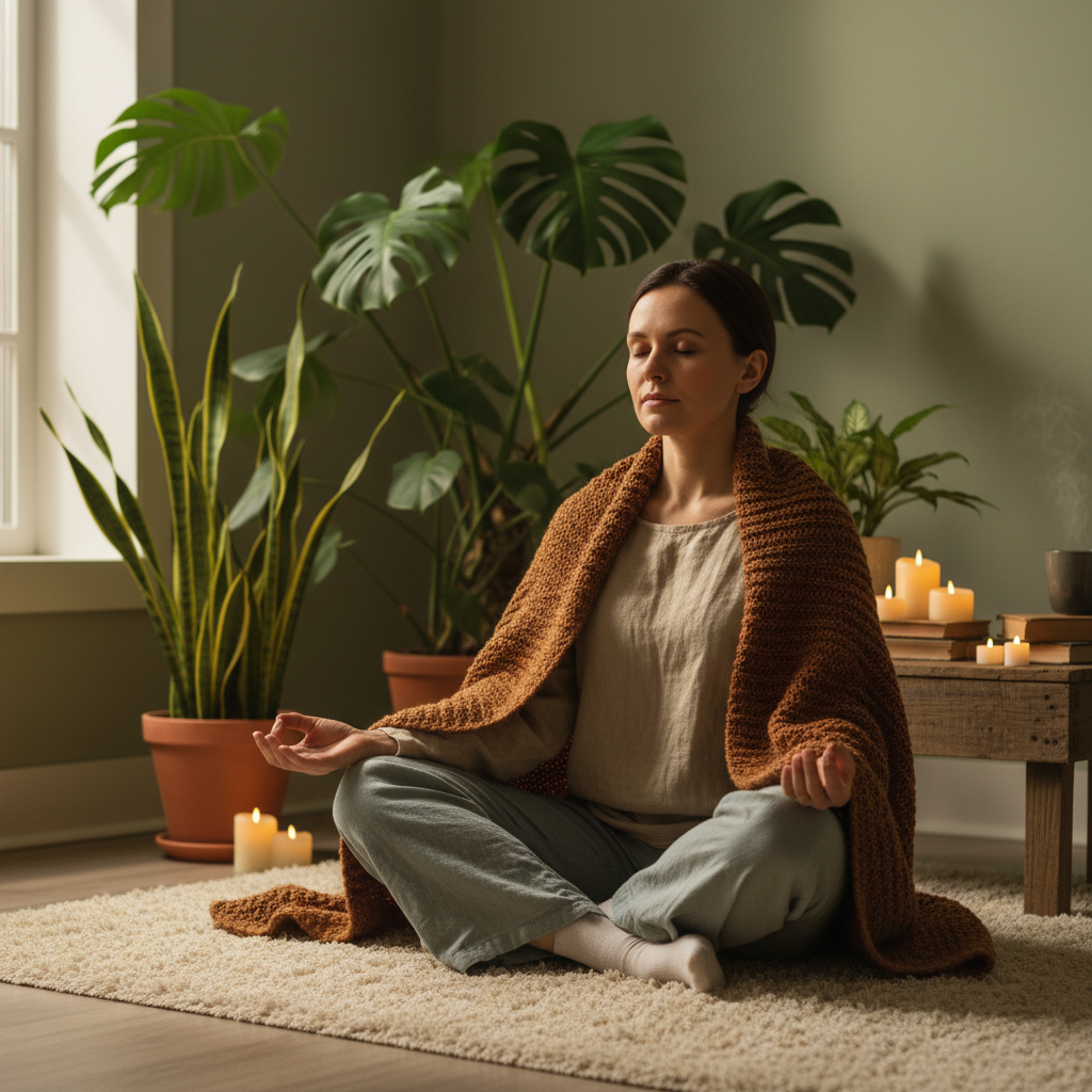 A person meditating in a cozy, softly lit room with plants and a warm blanket, symbolizing emotional healing and inner peace.