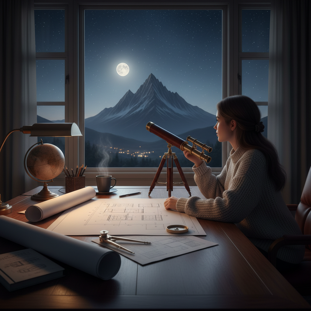 A person sitting at a large wooden desk with blueprints and a telescope, looking out a window at a mountain peak during a cle