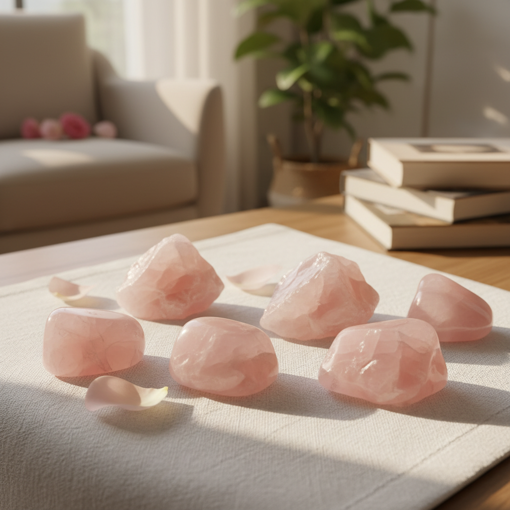 Soft pink rose quartz stones arranged artfully on a white linen cloth, with gentle sunlight hitting them and a blurred backgr