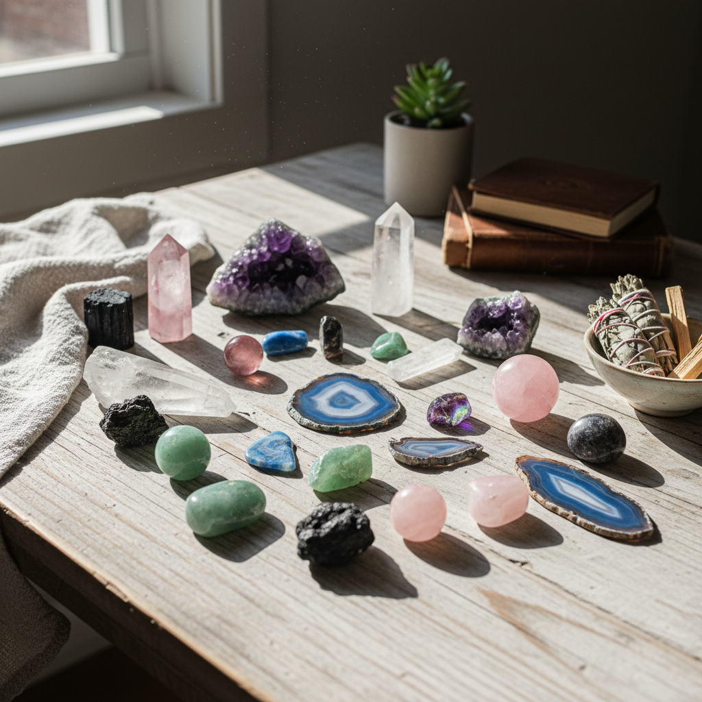 A collection of various healing crystals laid out on a wooden table, catching natural sunlight.