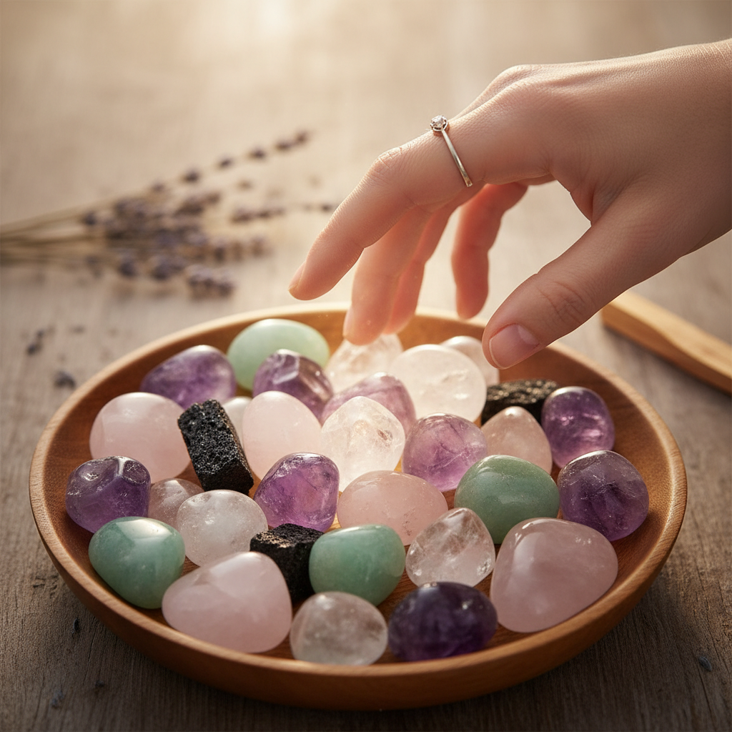 A person's hand reaching for a display of various tumbled healing crystals, with a soft, ethereal glow.