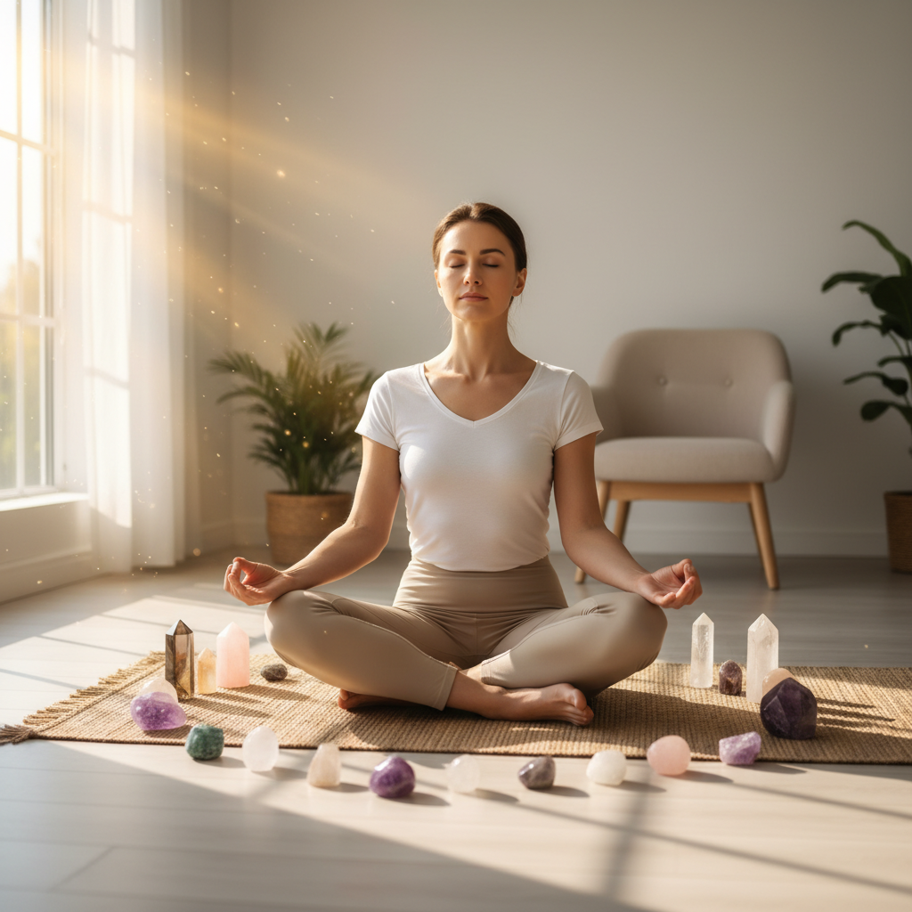 A person meditating with crystals placed around them on a yoga mat, sunlight streaming in.