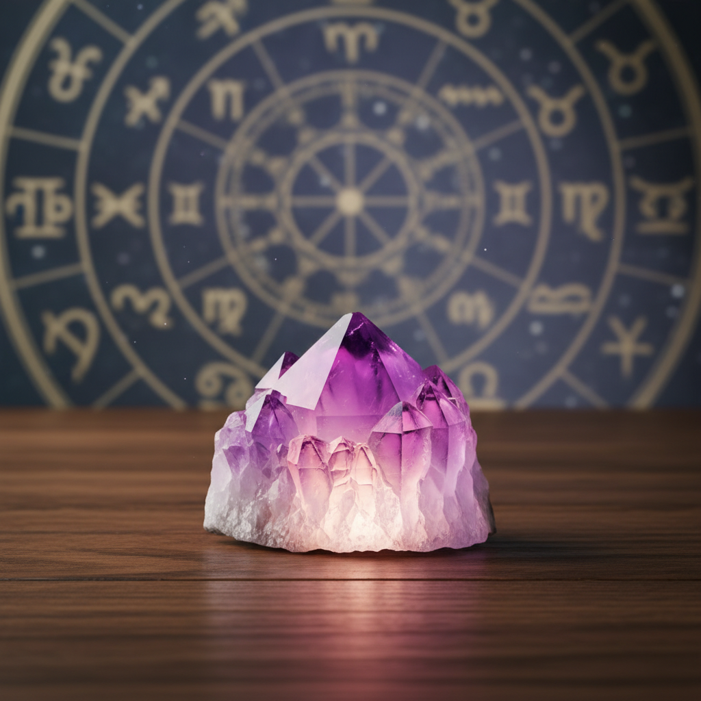 A vibrant amethyst cluster glowing with a soft purple light, placed on a smooth wooden surface with a blurry astrological cha
