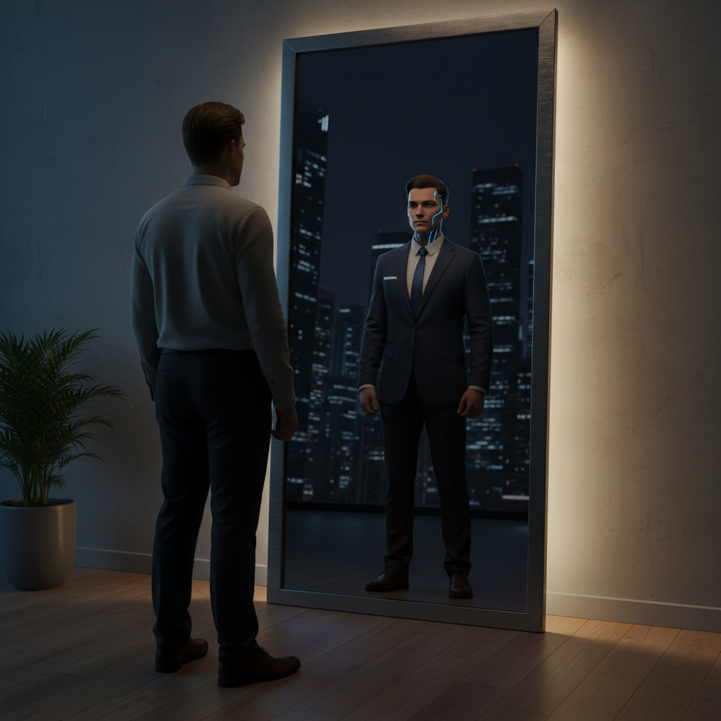 A person looking at their reflection in a dark mirror, seeing a different version of themselves