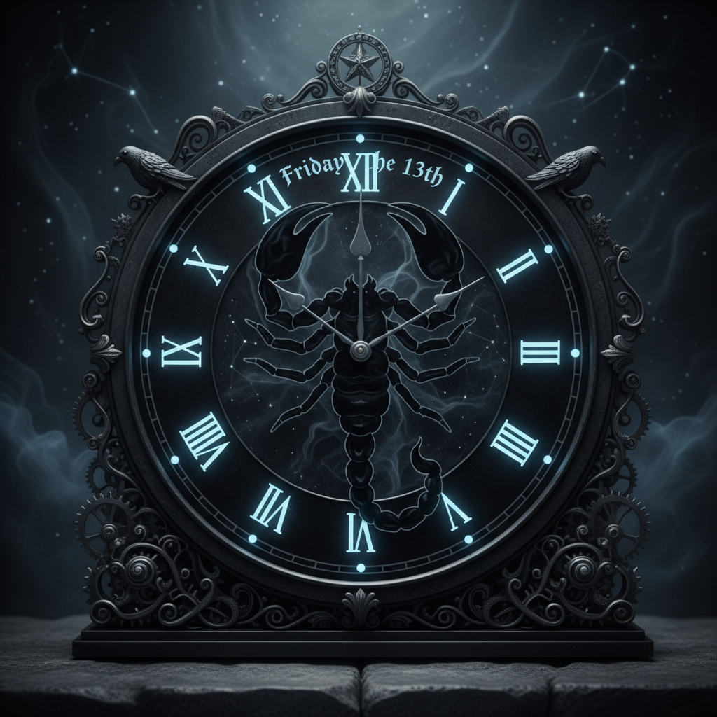 A dark, mystical clock showing Friday the 13th with a scorpion silhouette over the face
