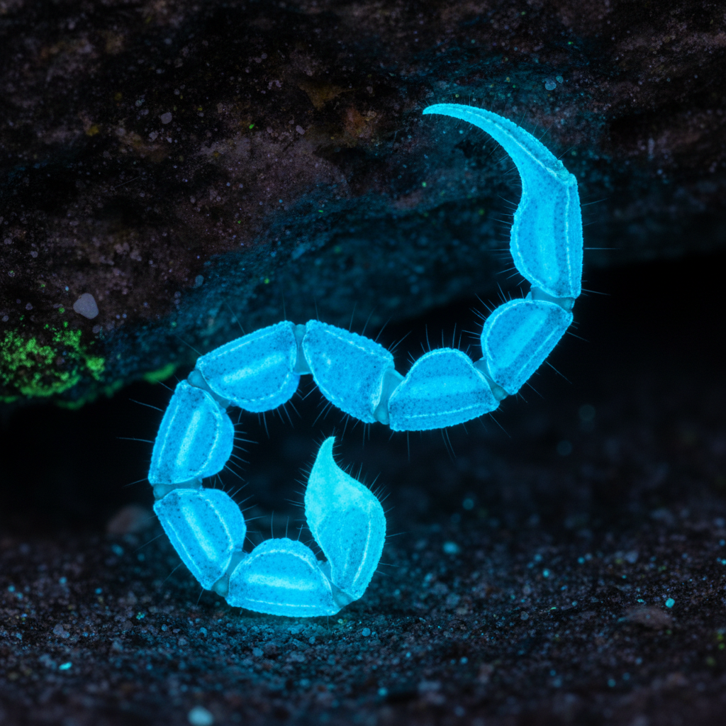 Close up of a scorpion's tail glowing under a neon blue light