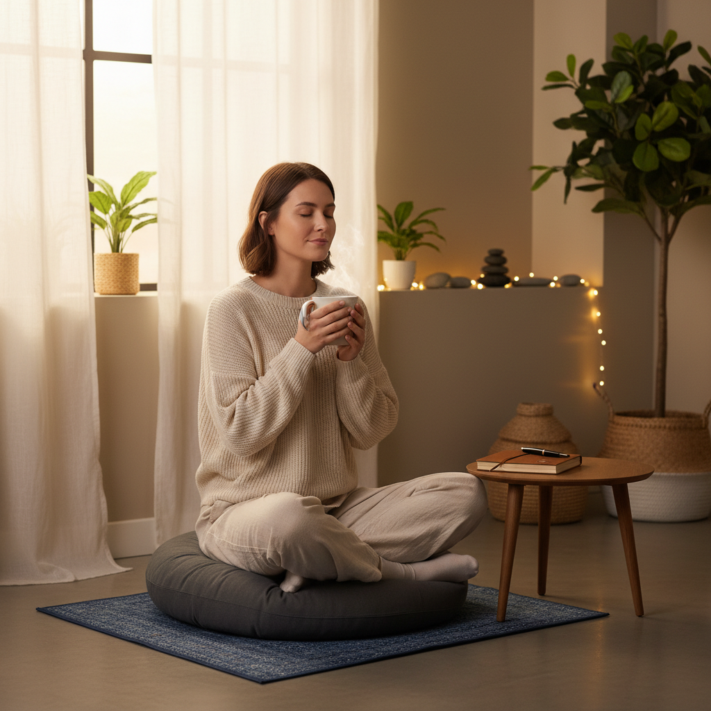 A person seated comfortably, perhaps on a meditation cushion like a Zafu Meditation Cushion, surrounded by soft lighting, hol