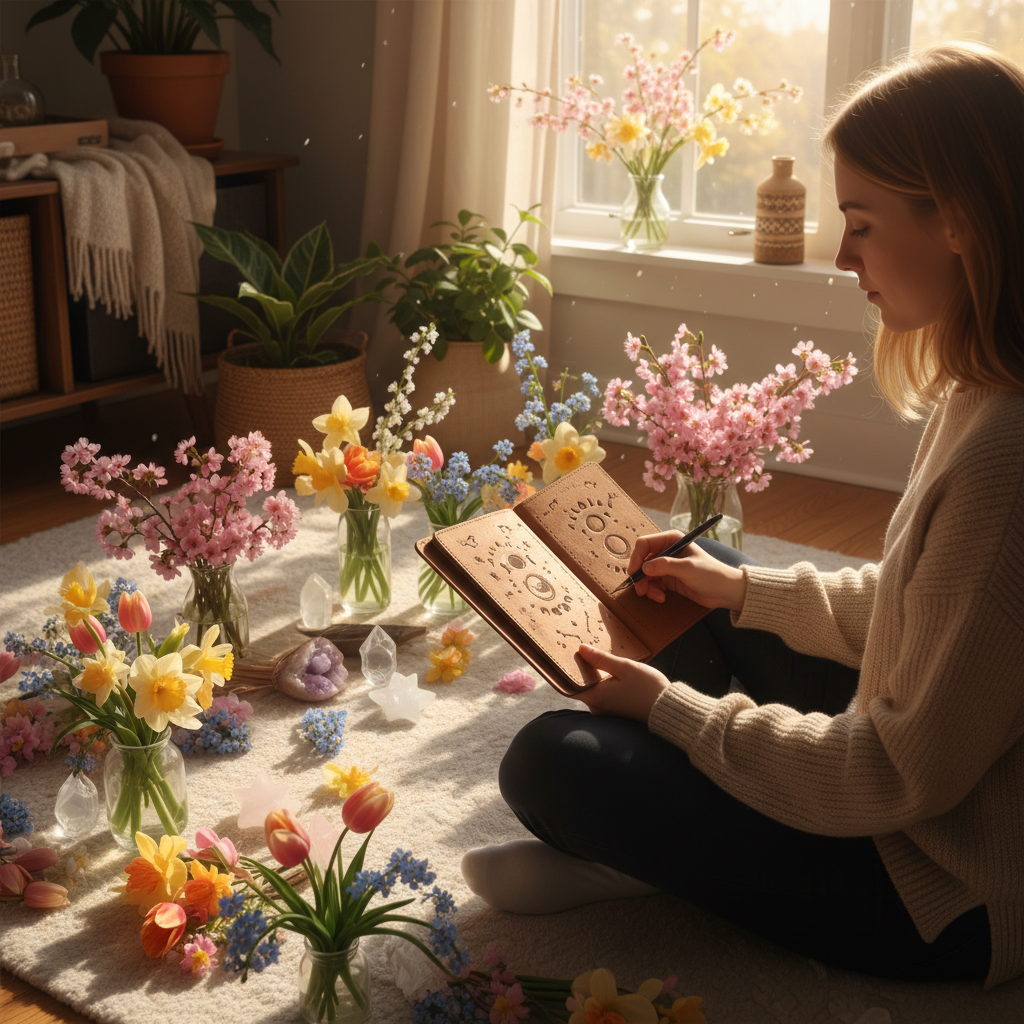 A person writing in a journal with celestial symbols and spring flowers around them, bathed in warm, early morning light.