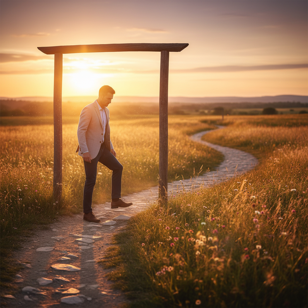 A person confidently taking a first step onto a winding path bathed in golden light, representing new beginnings.