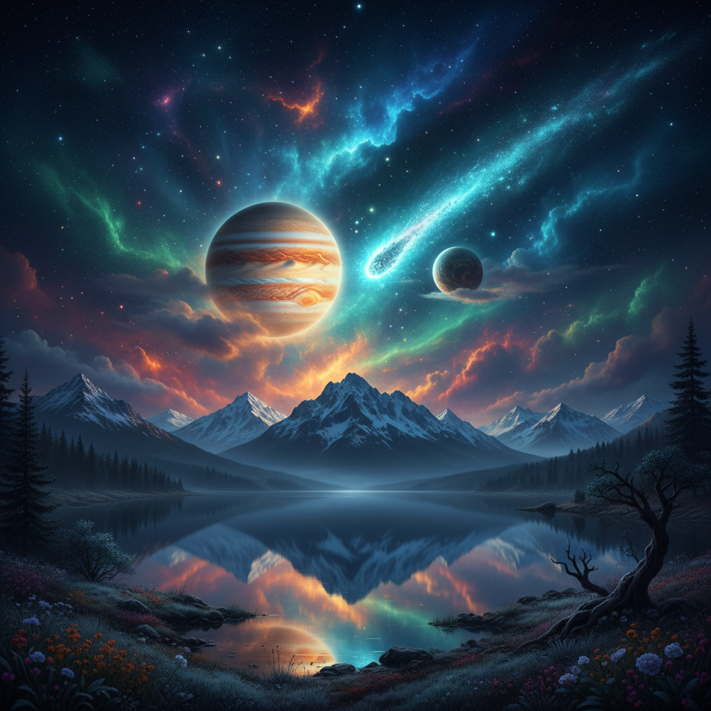 A mystical night sky with Jupiter and a glowing asteroid Chiron aligned over a peaceful mountain landscape