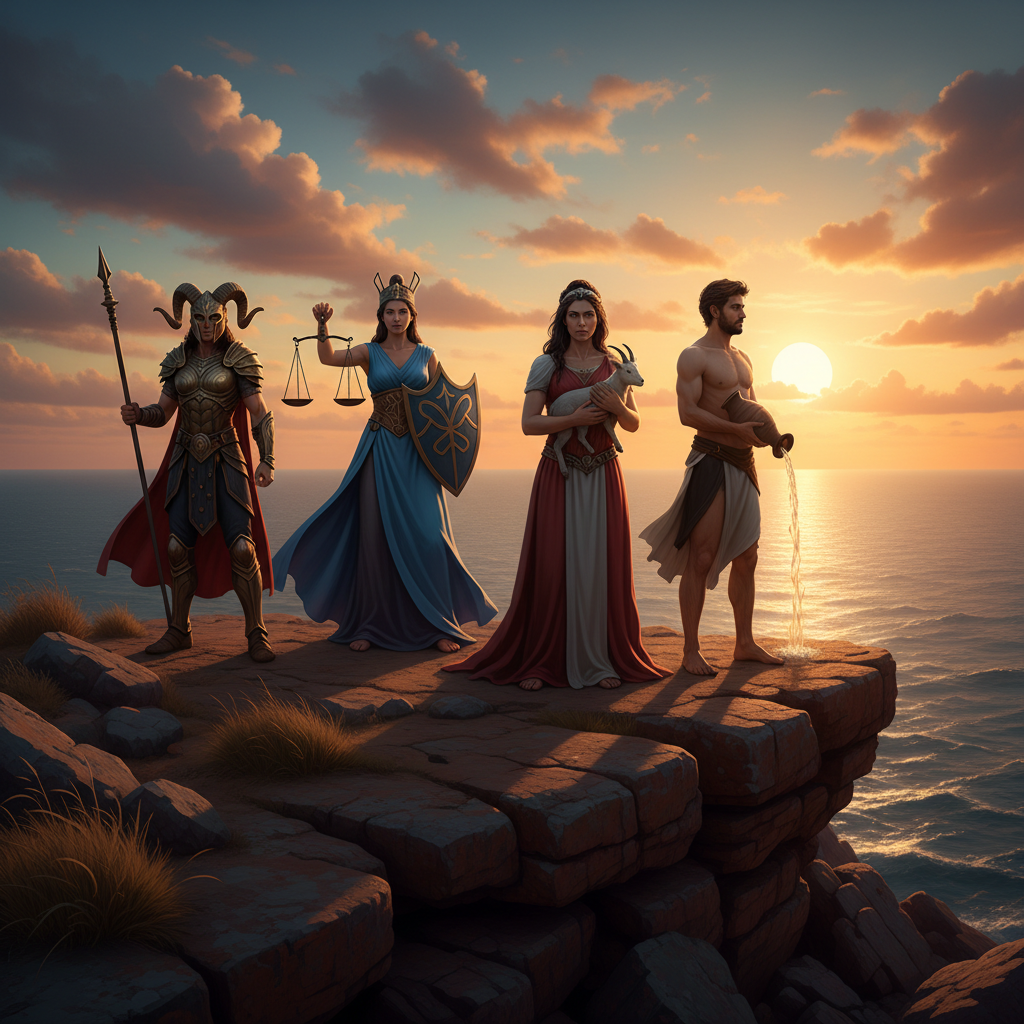 A group of four figures representing the cardinal signs, standing on a cliffside looking toward a bright, rising sun.