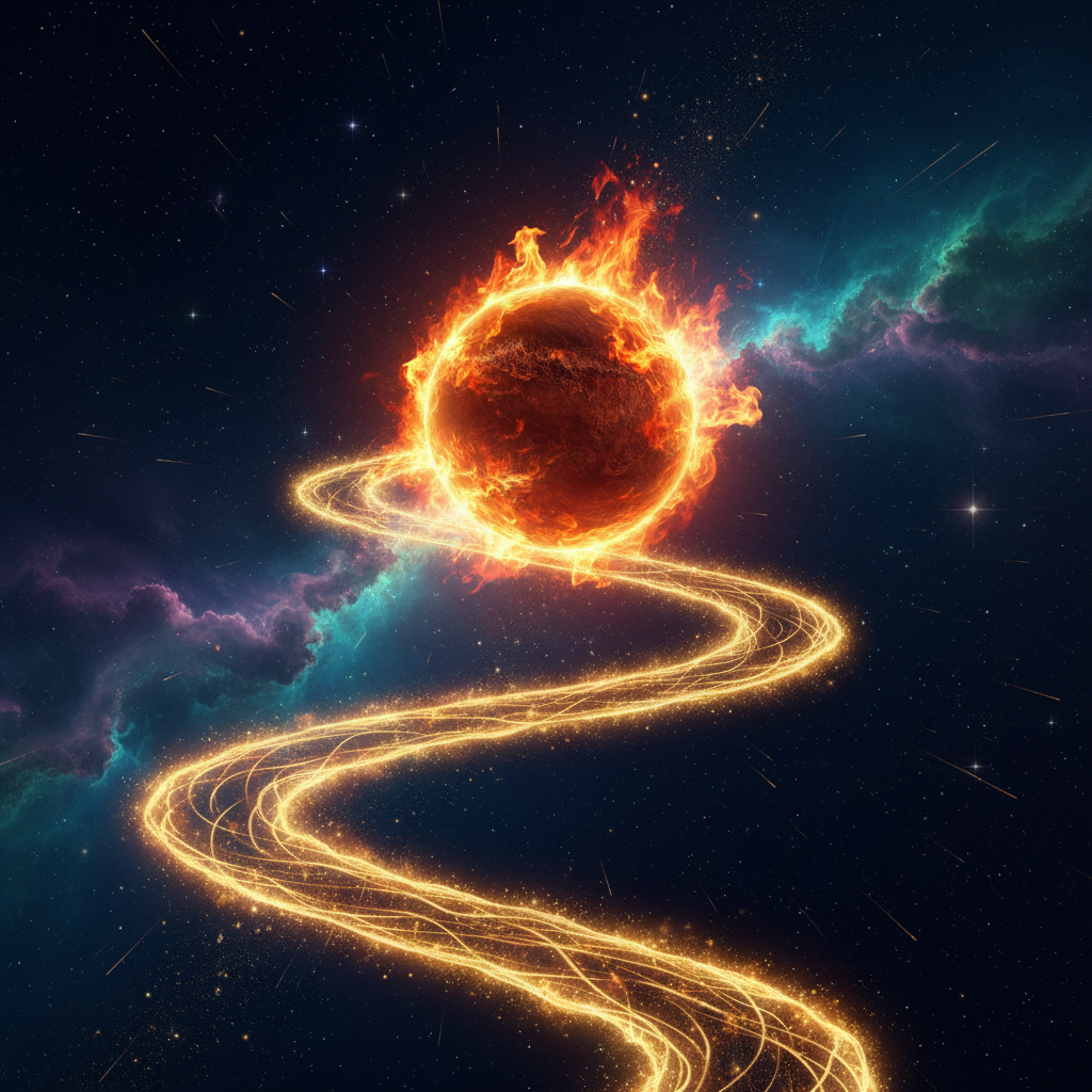 A mystical image of the planet Mercury glowing with fire, aligned with a golden celestial path representing the North Node.