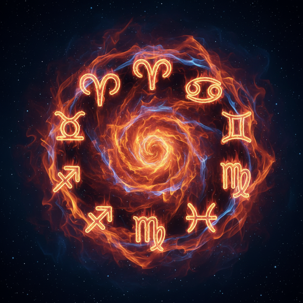 A vibrant abstract representation of the 12 zodiac signs glowing with fire energy