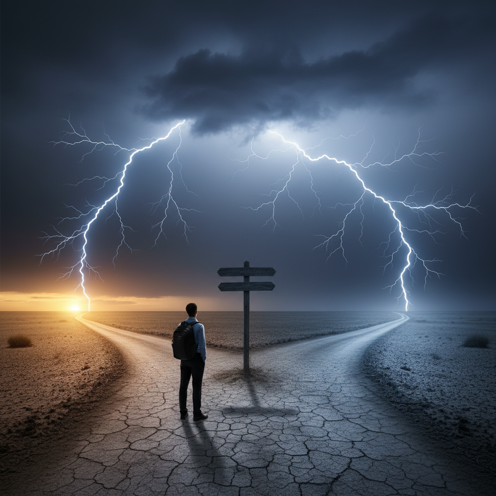 A person looking at a crossroads with lightning bolts in the background representing fast thoughts