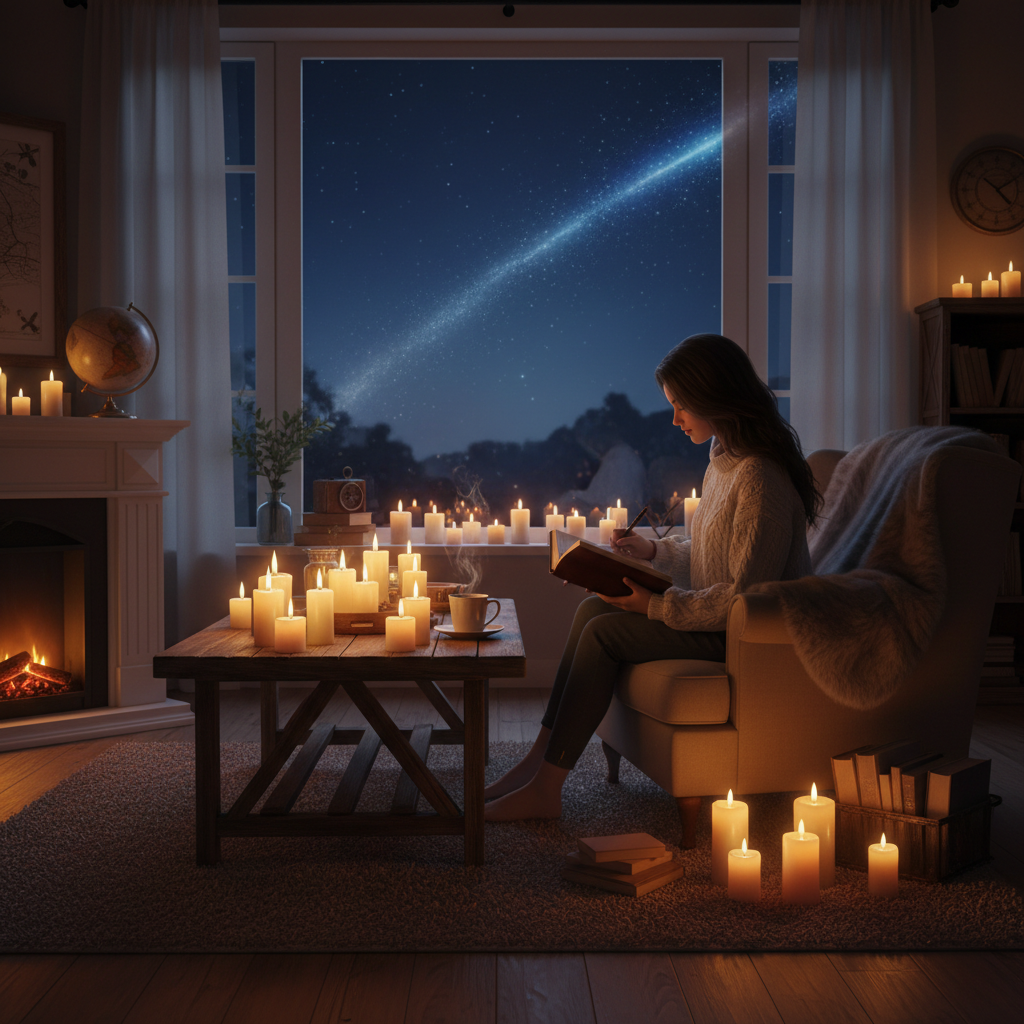 A cozy candlelit room where someone is journaling, representing the calm after the transit storm