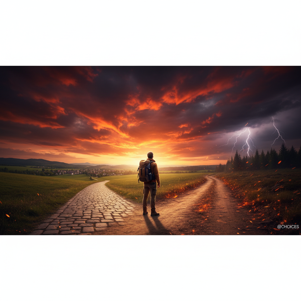 A person standing at a crossroads with a fiery sky, looking at two paths representing choices and impulsivity