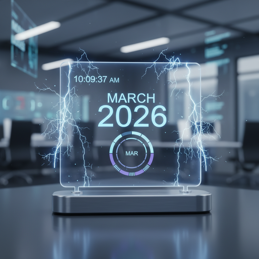 A futuristic clock or calendar showing March 2026 with sparks of electricity coming off it