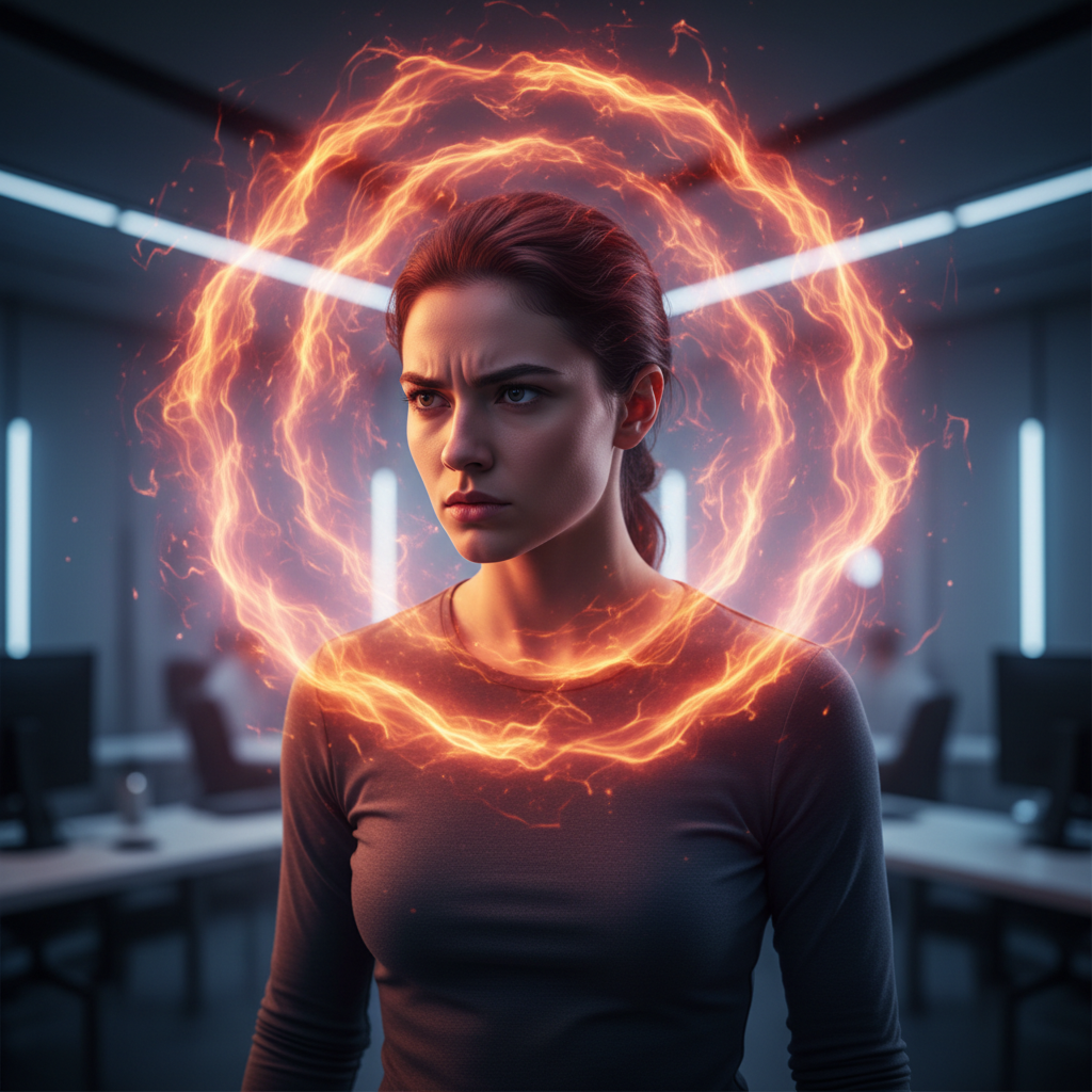 A person looking intense and focused with glowing orange and red energy swirling around their head to represent mental fever