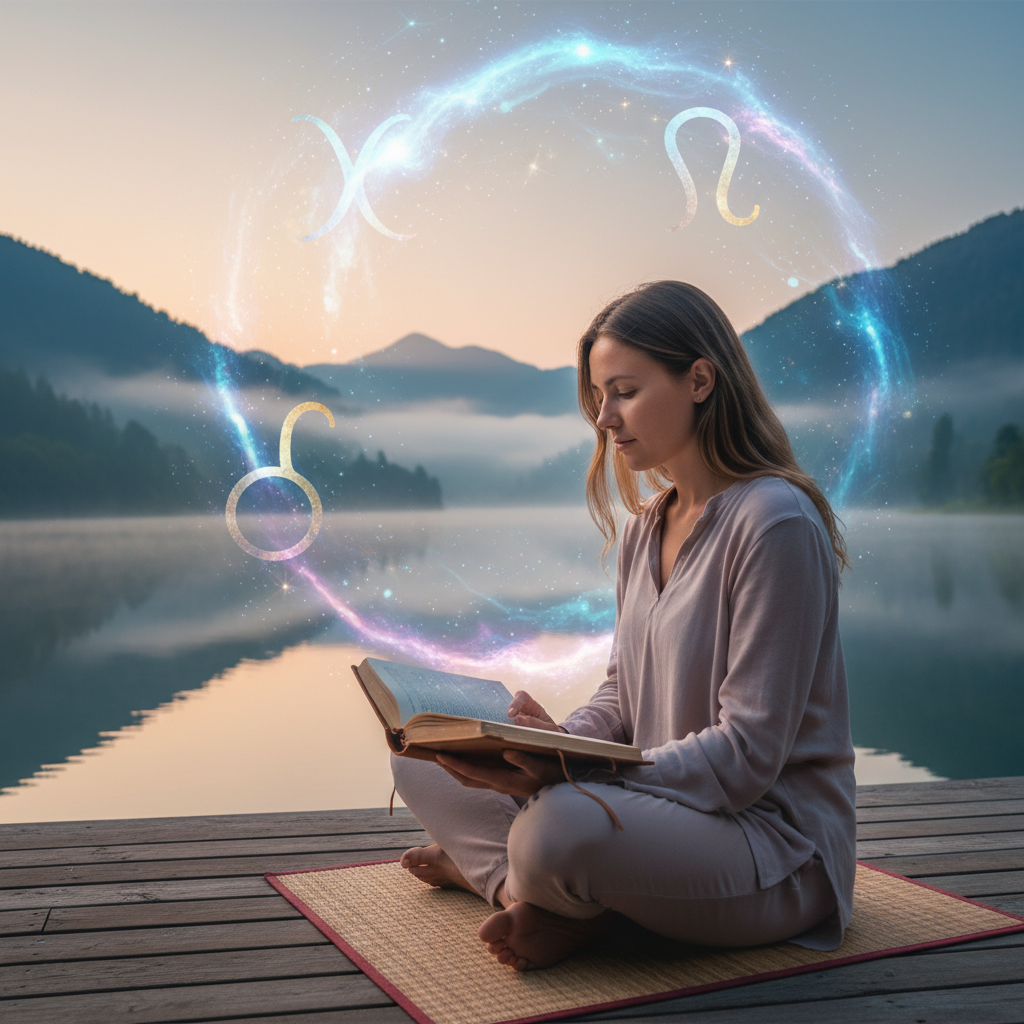 A person in a serene morning setting, looking thoughtfully at a journal, with a cosmic overlay of Mercury and Aries symbols.