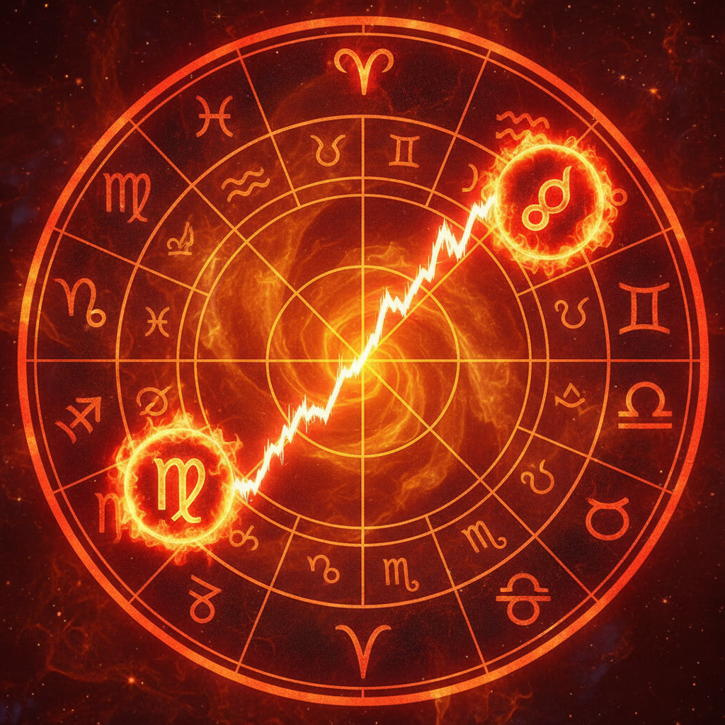 An astrological wheel showing Mercury and Mars in a tense 90-degree square aspect with fiery orange and red colors
