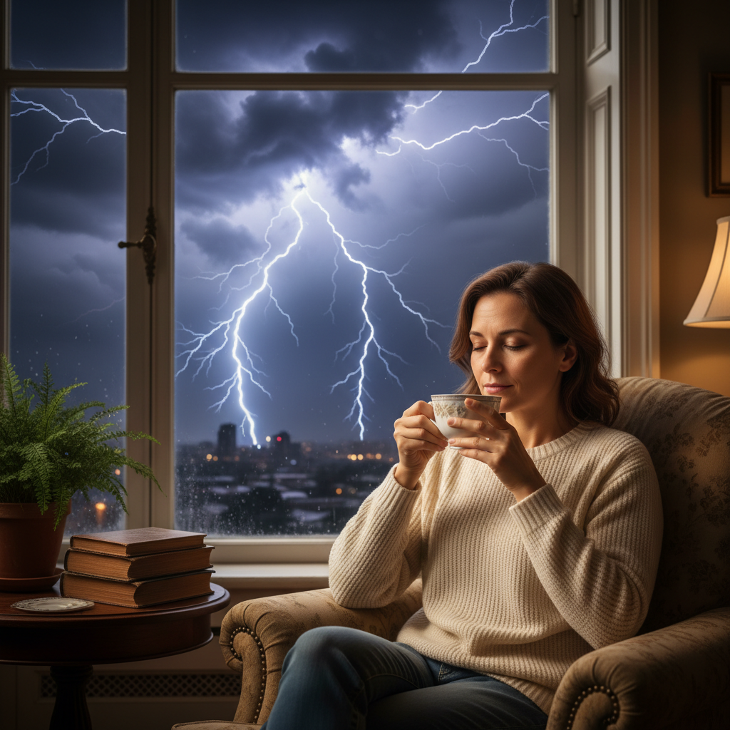 A calm person drinking tea while chaos (symbolized by lightning bolts) happens in a window behind them, representing the powe