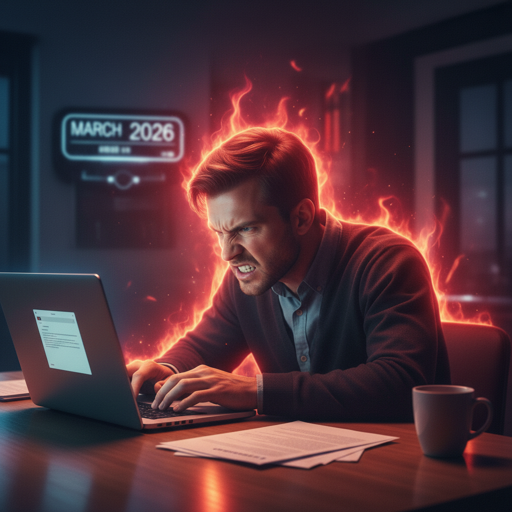 A person sitting at a desk with a glowing red aura around their head, looking ready to type an angry email, with a clock in t