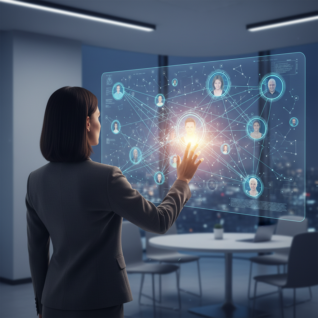 A person looking at a glowing holographic interface depicting a network of stars and human faces, symbolizing the social circ