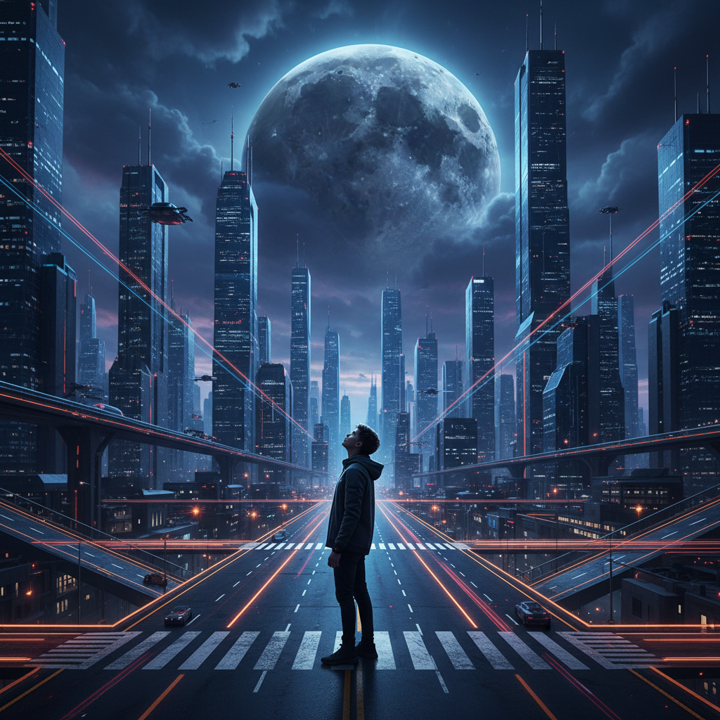 A person standing at a crossroads in a futuristic city, looking up at a dark moon, symbolizing the moment of choice.