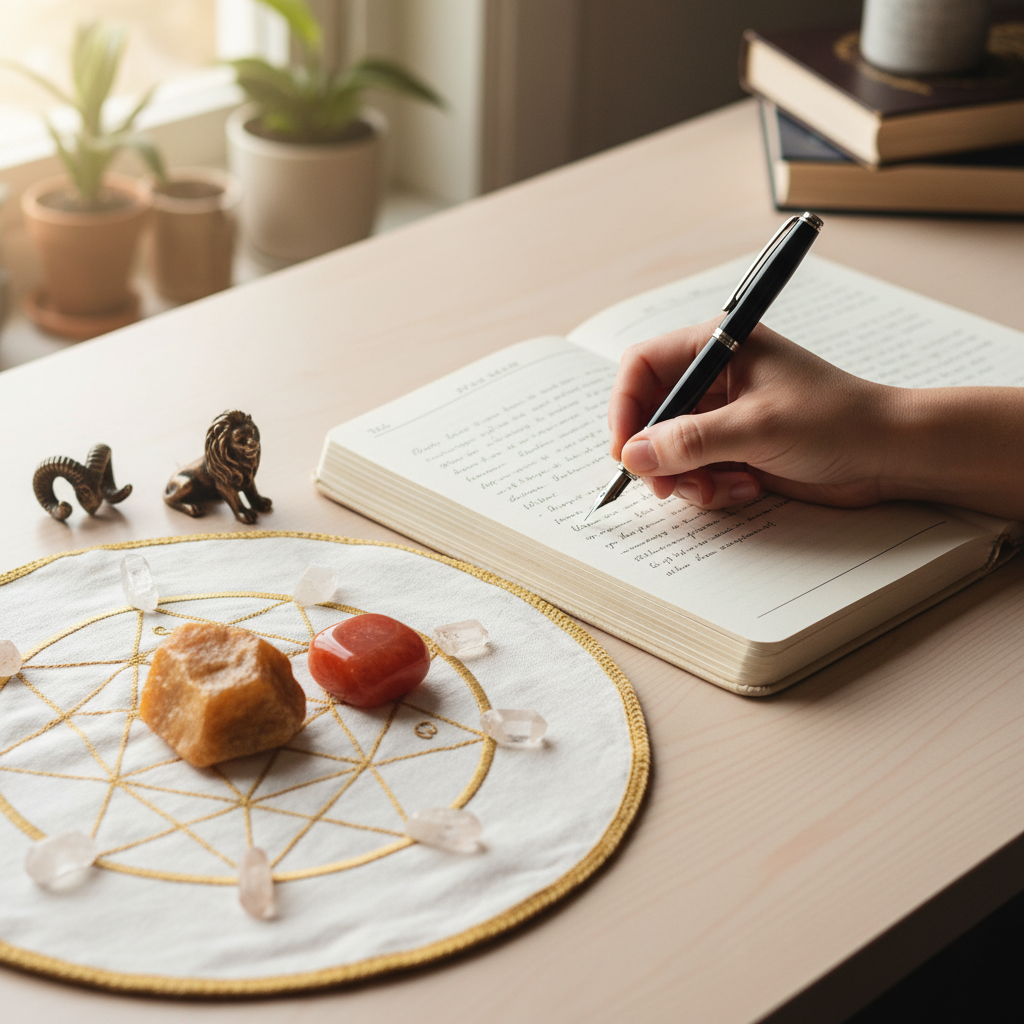 A hand writing in a journal, next to a crystal grid with a sunstone and carnelian, symbolizing Leo and Aries energy.