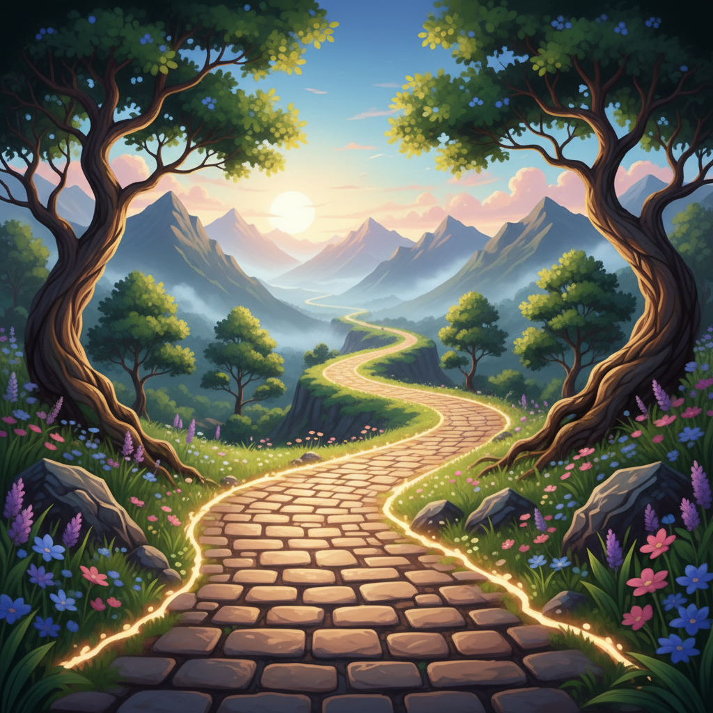A vibrant illustration of a path winding upwards, illuminated by a brilliant, confident aura.