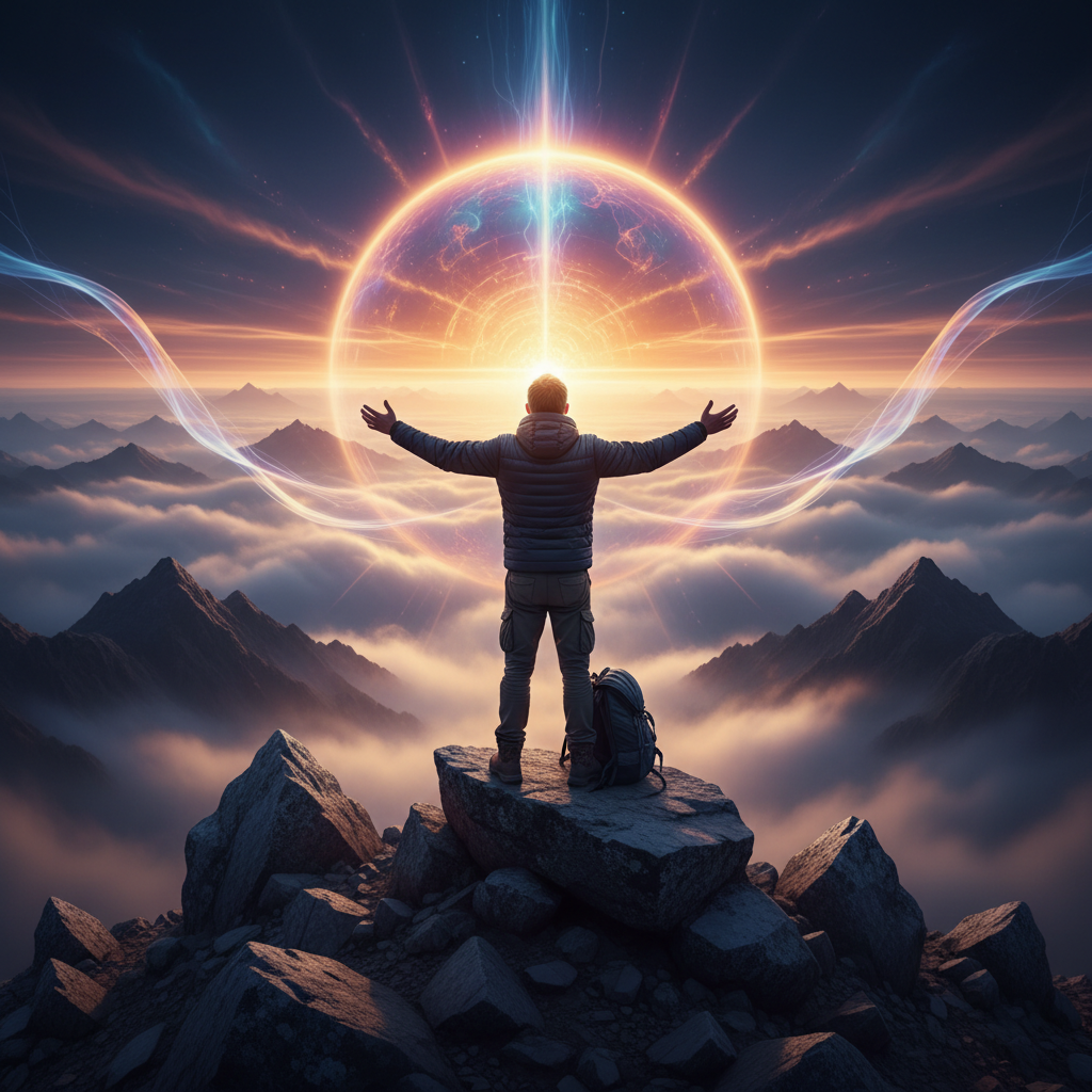 A lone figure on a mountain peak, arms outstretched towards a vibrant, mystical sunrise, symbolizing spiritual awakening and 