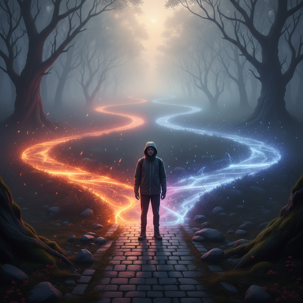 A person standing at a crossroad, with misty spiritual paths diverging, illuminated by a subtle, fiery glow.