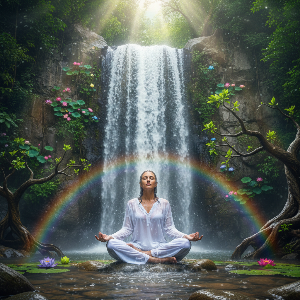 A person meditating under a waterfall, symbolizing purification and the release of old spiritual patterns amidst new beginnin