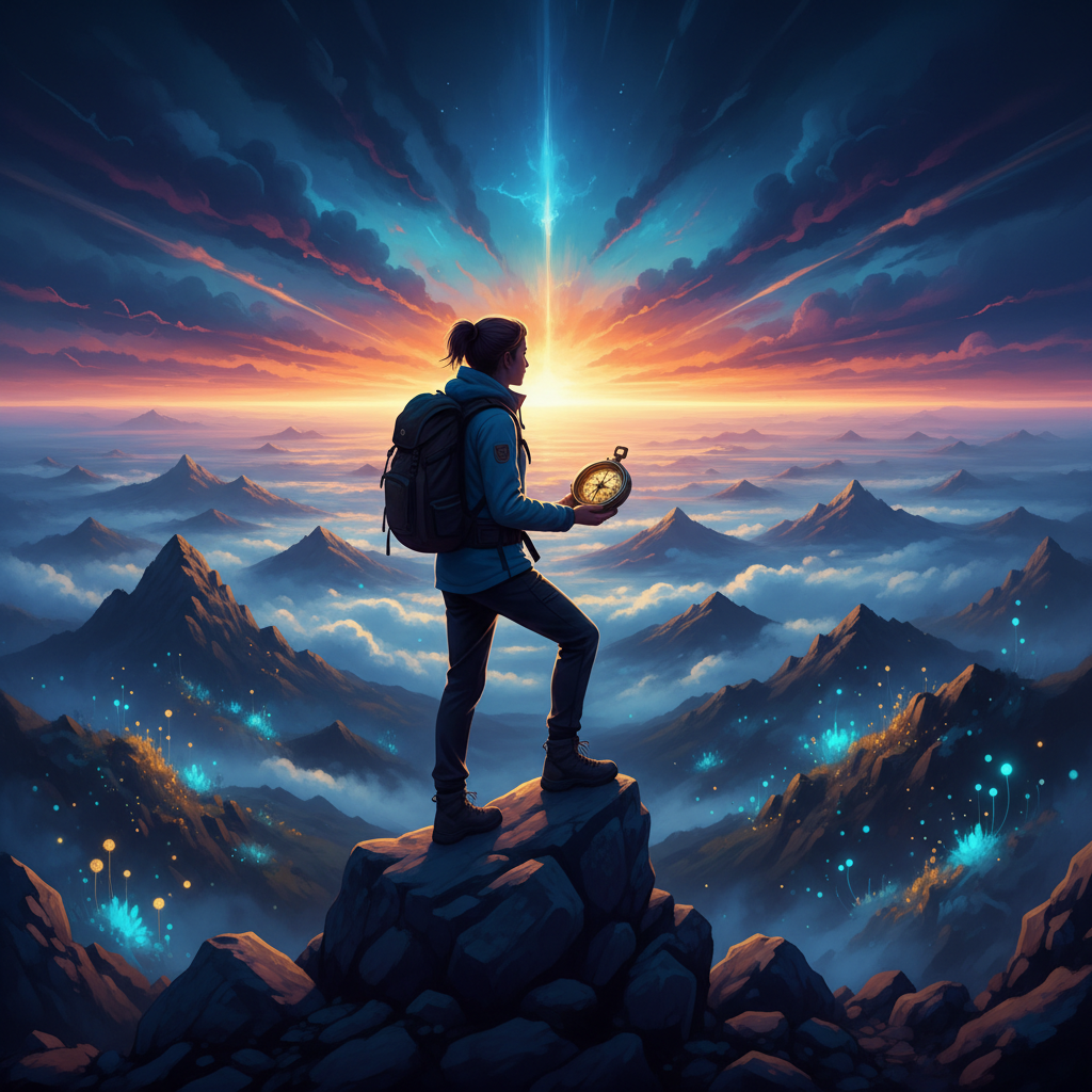 A person standing on a mountain peak, looking out at a vibrant, ethereal landscape with a compass in hand, signifying pioneer